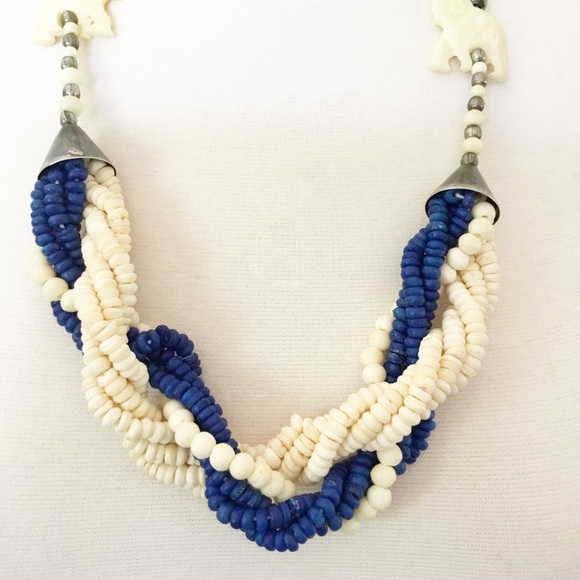 Vintage Elephant Blue & Cream Beaded Necklace - Picture 4 of 5